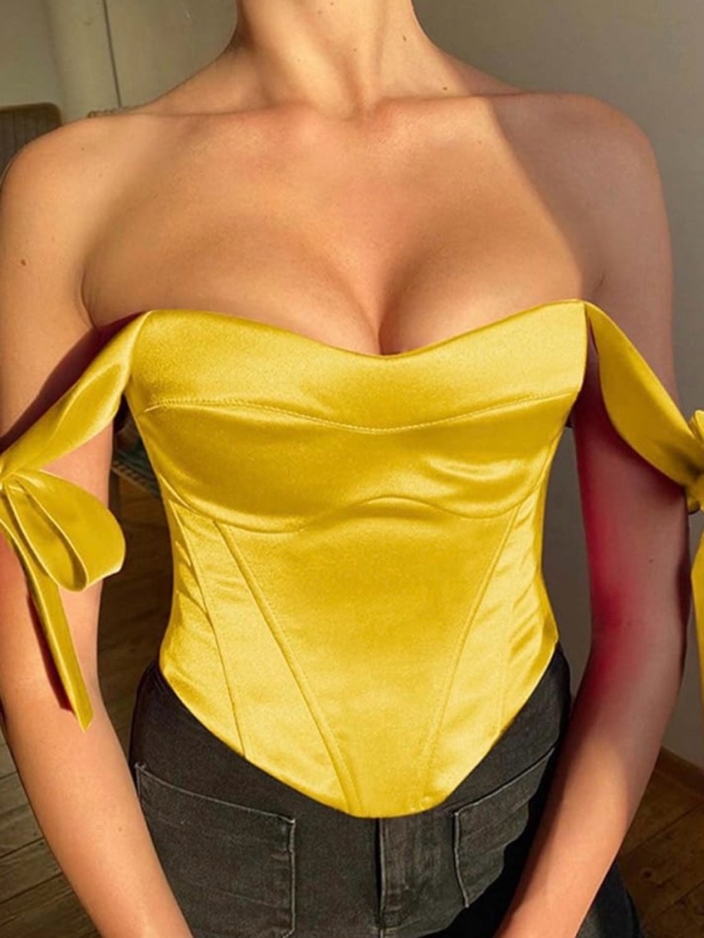 Yellow Satin Corset Top with tie straps